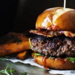 Coffee Rubbed Burgers with Dr Pepper BBQ Sauce | The Chunky Chef | Not your average burger! Juicy beef burgers seasoned with a spiced coffee rub, topped with peppered bacon and a lip smacking Dr Pepper BBQ sauce!