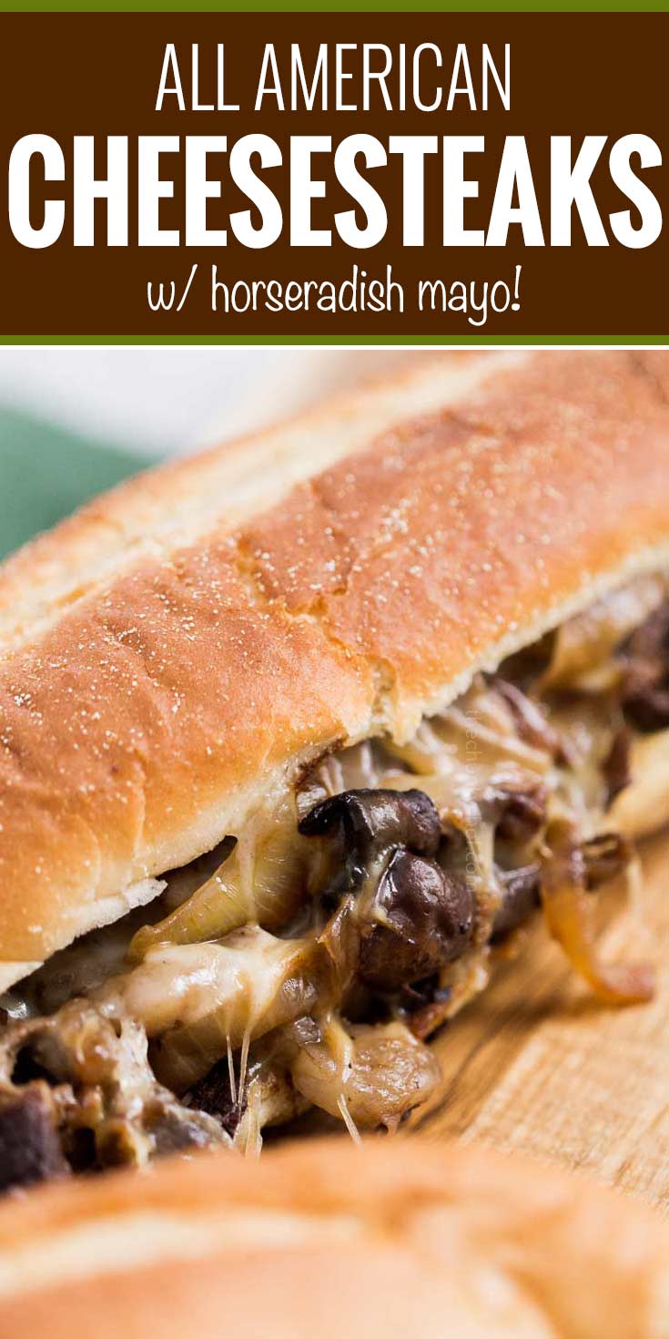 Juicy ribeye steak, caramelized onions and mushrooms, gooey provolone cheese and a mouthwatering horseradish sauce... it's the perfect All-American Cheesesteak! | #cheesesteak #phillycheesesteak #hoagie #sandwich
