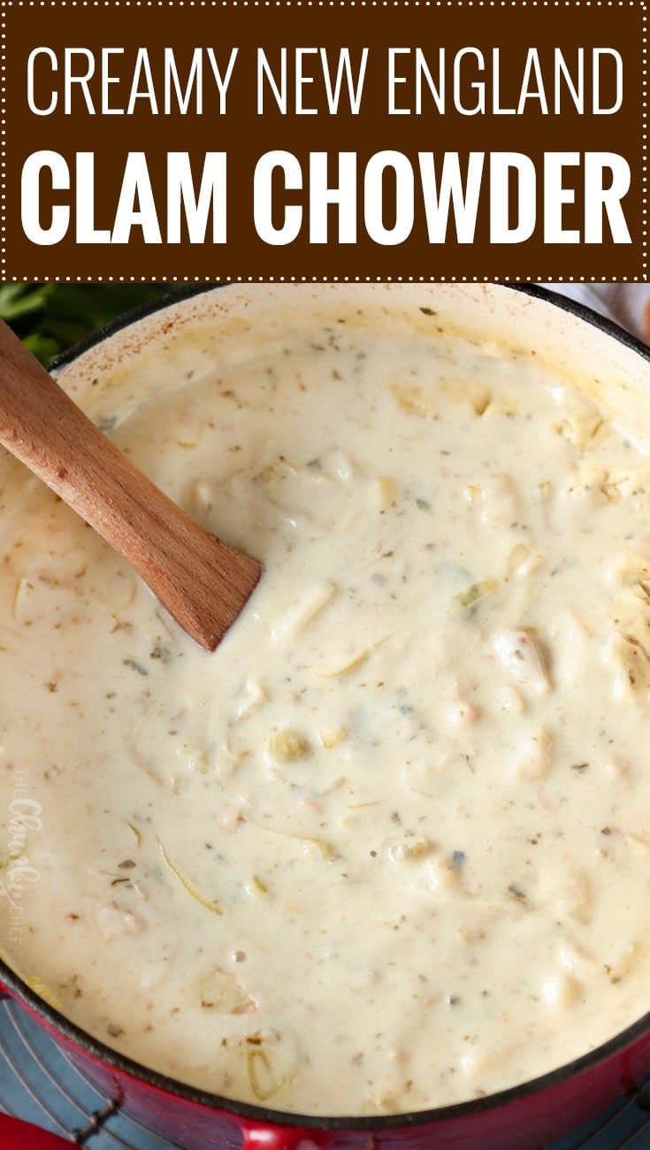 Creamy New England Clam Chowder | The perfect comfort food on a cold night, this creamy clam chowder is easy to make, uses fresh clams, and makes enough to feed a huge family! | https://thechunkychef.com | #clamchowder #clamchowderrecipe #newenglandclamchowder #souprecipe #soup #chowder