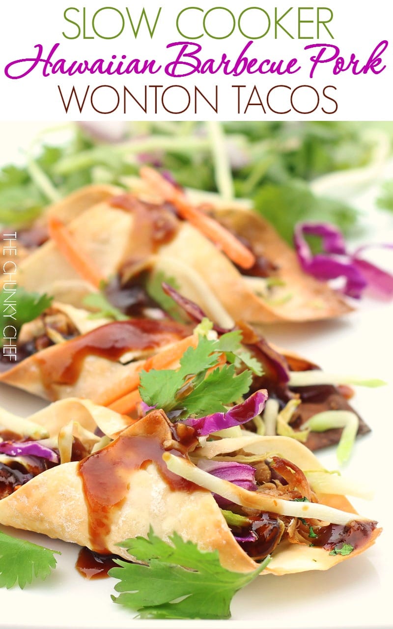 Slow Cooker Hawaiian BBQ Pork Wonton Tacos | This Hawaiian BBQ pork is made easy by using a slow cooker, then wrapped up in crispy wonton taco shells and drizzled with a heavenly BBQ sauce! | http://thechunkychef.com