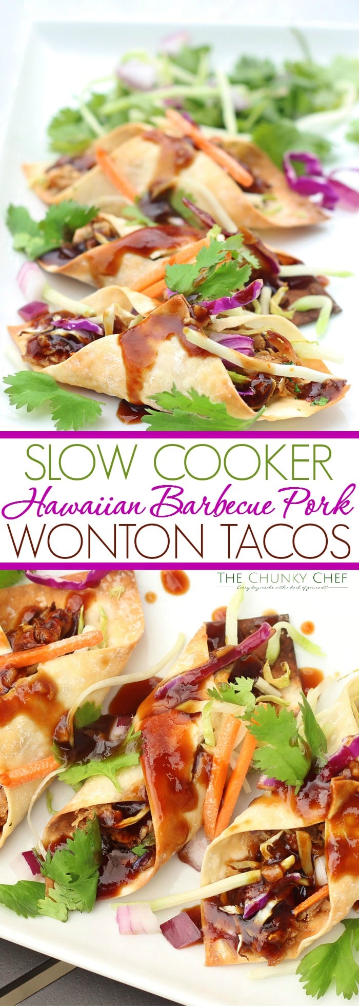 Slow Cooker Hawaiian BBQ Pork Wonton Tacos | This Hawaiian BBQ pork is made easy by using a slow cooker, then wrapped up in crispy wonton taco shells and drizzled with a heavenly BBQ sauce! | http://thechunkychef.com