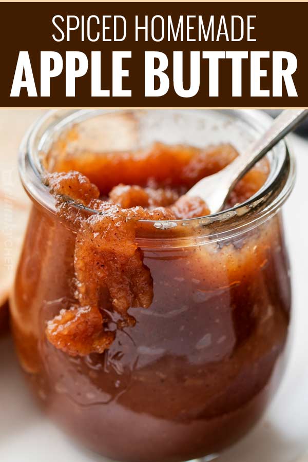 Delicious Homemade Apple Butter, made easily on the stovetop (or in the crockpot!), and ready to be slathered on just about anything!  Deeply spiced and sweet, it tastes like spoonable apple pie! #applebutter #withapples #falltreat #spicedapples #applepie #homemade #easyrecipe #apples #crockpot #stovetop #slowcooker