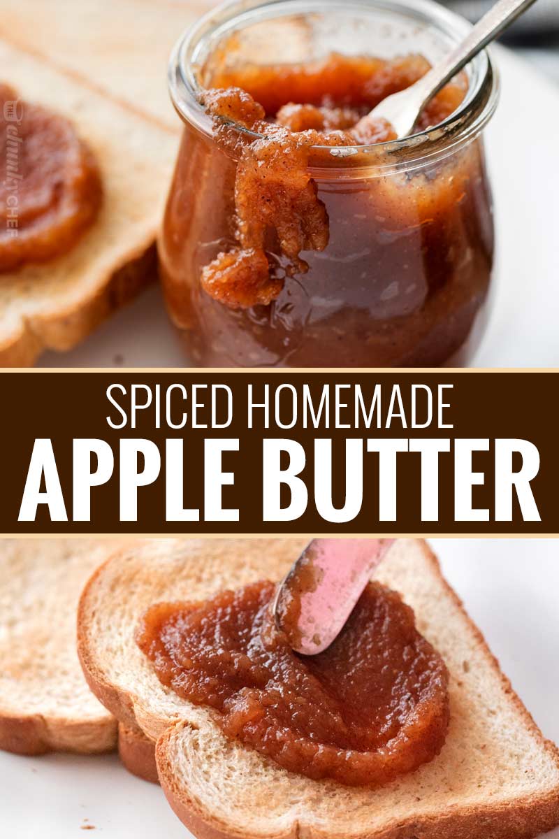 Delicious Homemade Apple Butter, made easily on the stovetop (or in the crockpot!), and ready to be slathered on just about anything!  Deeply spiced and sweet, it tastes like spoonable apple pie! #applebutter #withapples #falltreat #spicedapples #applepie #homemade #easyrecipe #apples #crockpot #stovetop #slowcooker