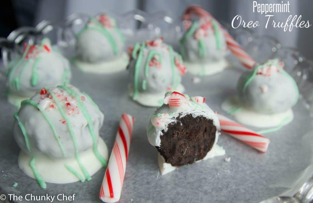 Creamy oreo truffles, flavored with peppermint, coated in rich white chocolate and topped with crushed candy canes