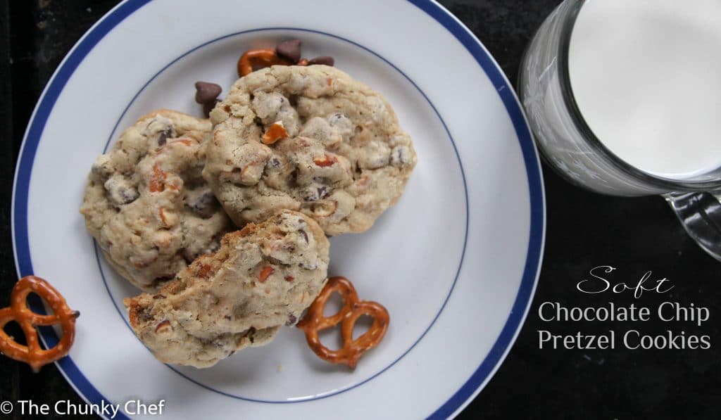 Soft and fluffy chocolate chip cookies with crunchy, salty pretzels baked right in... it's the perfect balance of sweet and salty, in your favorite cookie!