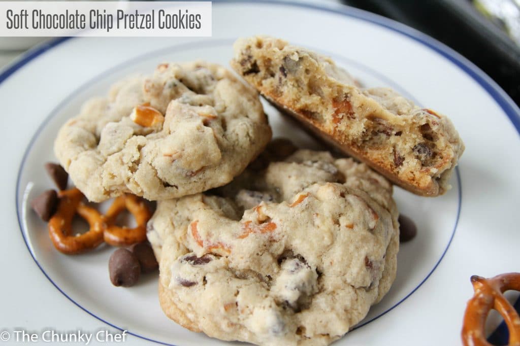 Soft and fluffy chocolate chip cookies with crunchy, salty pretzels baked right in... it's the perfect balance of sweet and salty, in your favorite cookie!