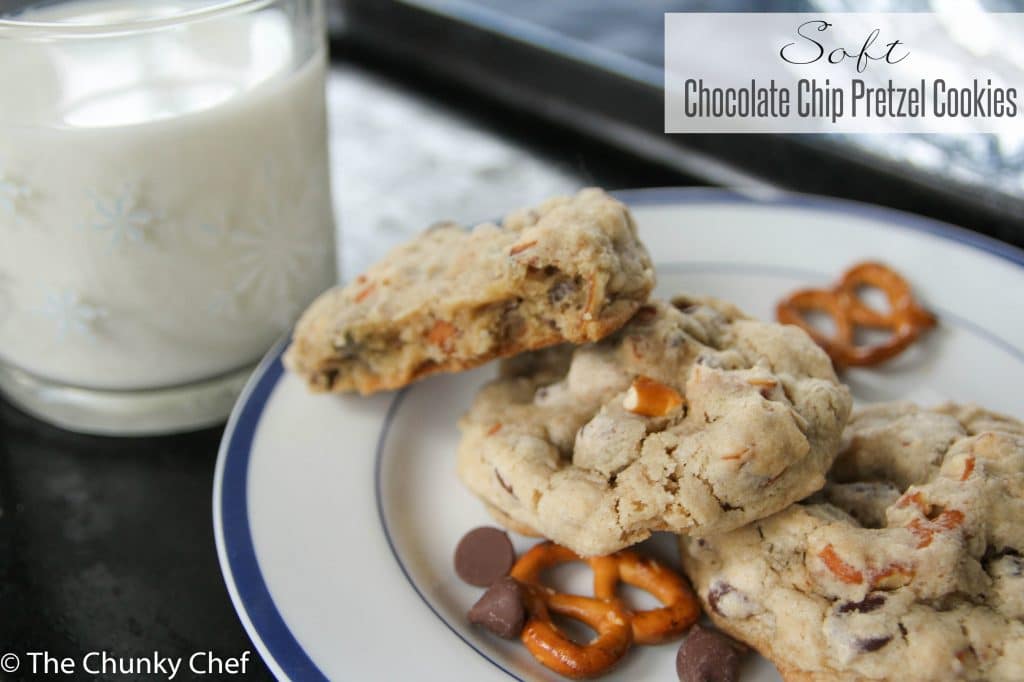 Soft and fluffy chocolate chip cookies with crunchy, salty pretzels baked right in... it's the perfect balance of sweet and salty, in your favorite cookie!