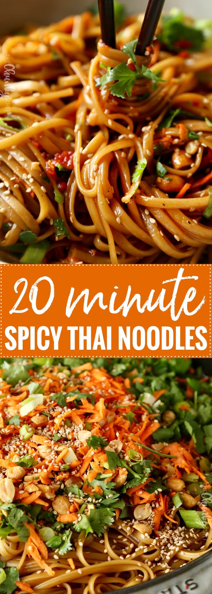Spicy Thai Noodles | Ready in just 20 minutes, these spicy Thai noodles are made with everyday ingredients and insanely flavorful!  This recipe is vegetarian, but optional protein additions mentioned in post! | The Chunky Chef | #easyrecipe #thai #noodles #weeknightdinner #vegetarian