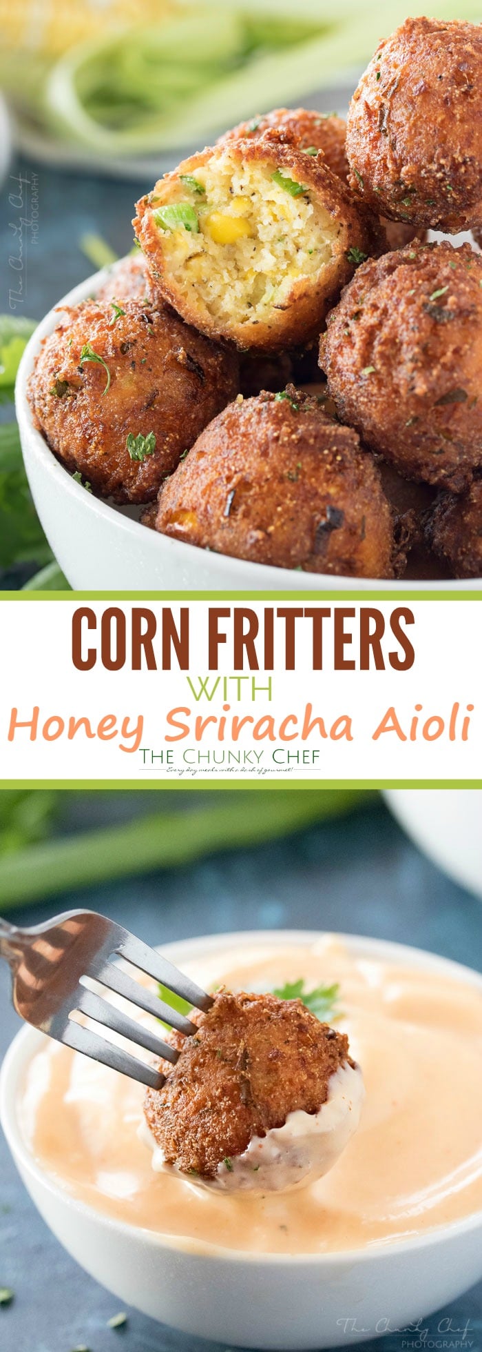 Corn Fritters with Honey Sriracha Aioli | A perfect blend of sweet and savory, these fluffy fritters are packed with flavor, fried to crispy perfection, and served with a spicy honey sriracha aioli. | http://thechunkychef.com