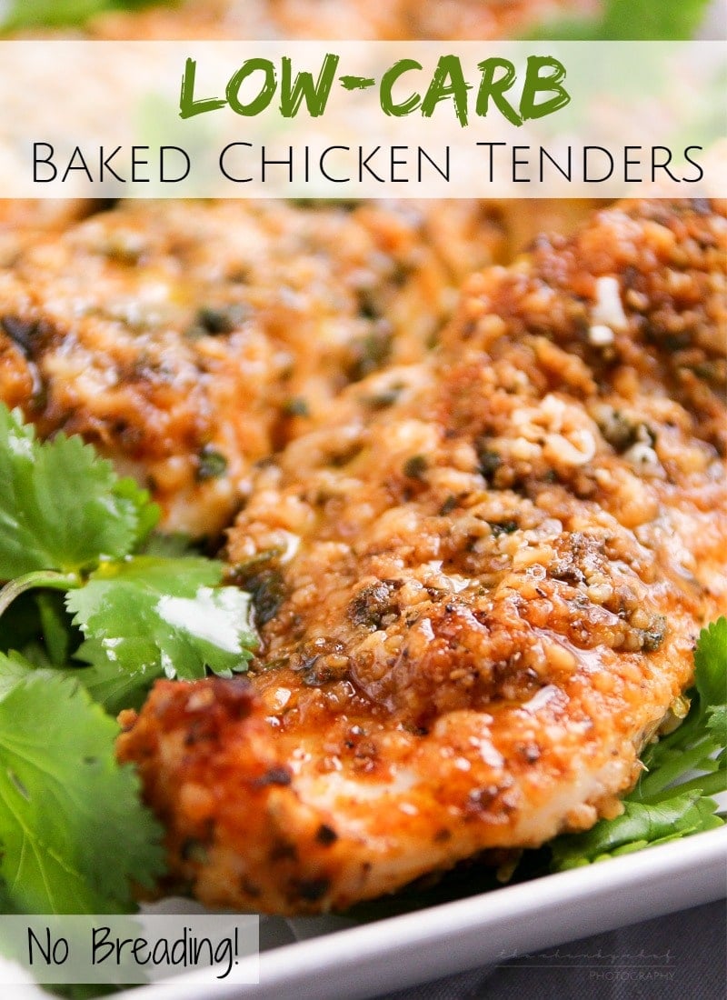 Low Carb Baked Chicken Tenders | These baked chicken tenders are coated in a deliciously savory crust, yet have zero breading, which makes for an awesomely low carb meal! | http://thechunkychef.com 