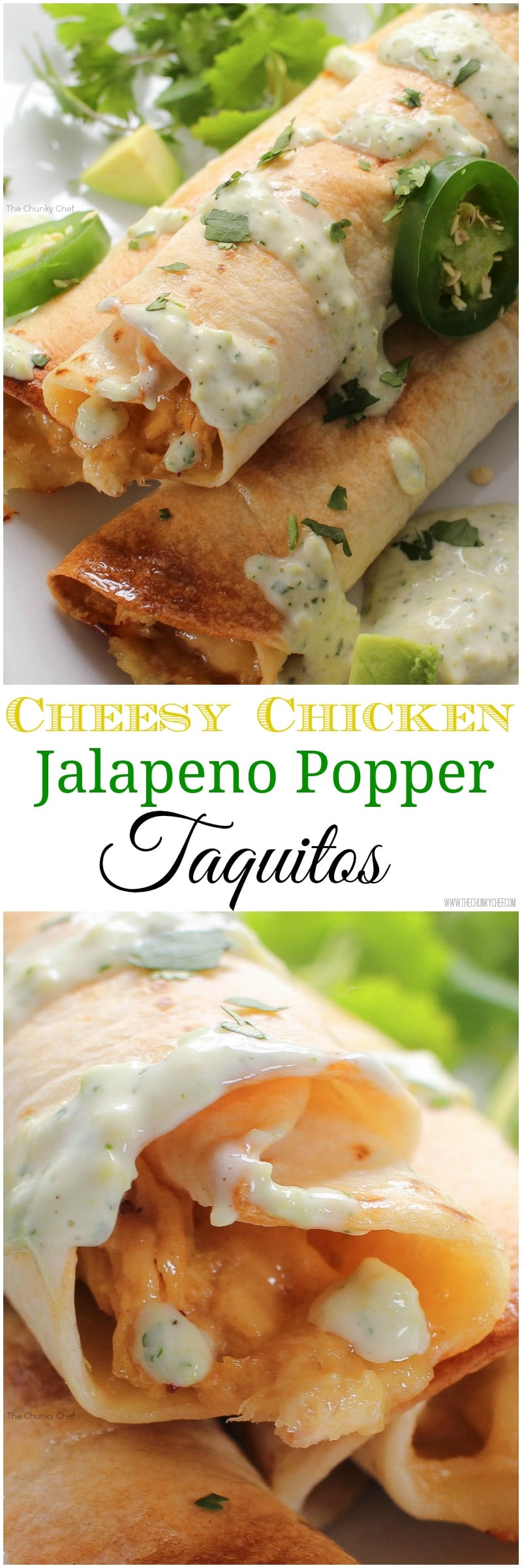 Cheesy Chicken Jalapeno Popper Taquitos - All the flavors of a cheesy jalapeno popper mixed with chicken and rolled up into crispy baked taquitos... and the filling is cooked in the slow cooker!