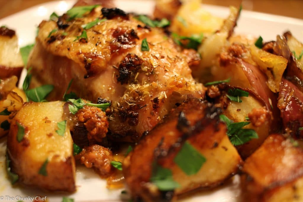 Spanish Chicken - A simple and delicious way to roast chicken... this Spanish chicken is packed with the flavors of chorizo, potatoes, onion and oranges
