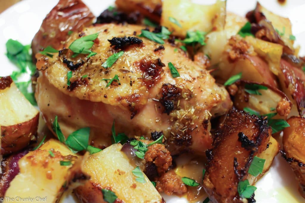 SpanishChicken - A simple and delicious way to roast chicken... this Spanish chicken is packed with the flavors of chorizo, potatoes, onion and oranges