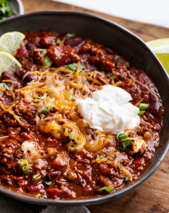 Grey bowl of chili