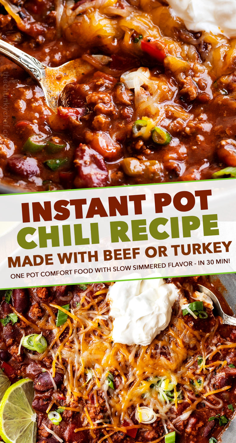 Rich hearty chili, made with beef or turkey!  Since it's made in the Instant Pot, it tastes like it simmered for hours - yet it's ready in 40 minutes! #instantpot #pressurecooker #chili #chilirecipe #beef #turkey #comfortfood #dinner #easyrecipe #beans