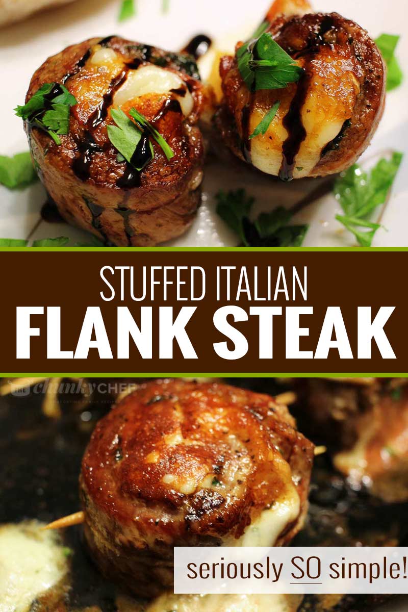 Impress anyone with this easy flank steak that's rolled with garlic, herbs, prosciutto ham and provolone cheese.  Perfect on the stove/oven, or on the grill, these are the ultimate Italian steak pinwheels! #steak #flanksteak #stuffed #pinwheels #grilled #baked #Italian #steakpinwheels #steakmedallions