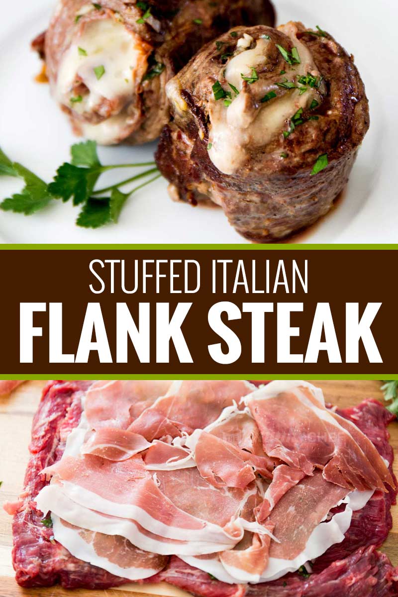 Impress anyone with this easy flank steak that's rolled with garlic, herbs, prosciutto ham and provolone cheese.  Perfect on the stove/oven, or on the grill, these are the ultimate Italian steak pinwheels! #steak #flanksteak #stuffed #pinwheels #grilled #baked #Italian #steakpinwheels #steakmedallions
