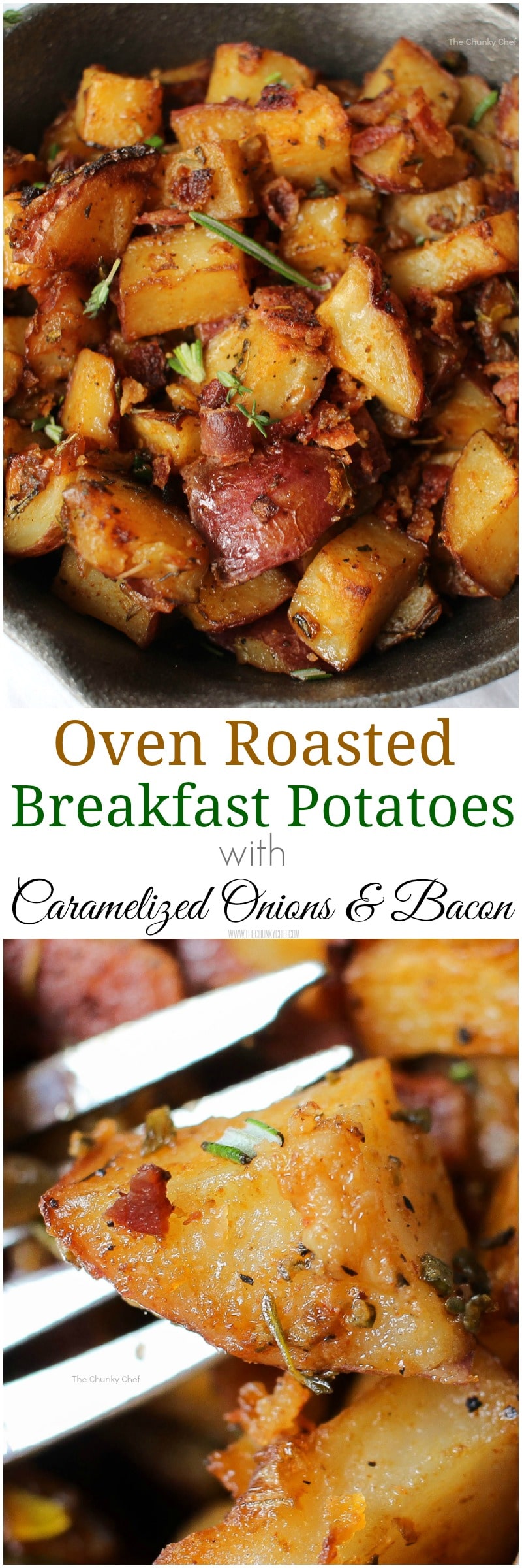 Perfectly seasoned and roasted red-skin potatoes topped with caramelized onions, crispy bacon and fresh herbs. The perfect side dish for breakfast!