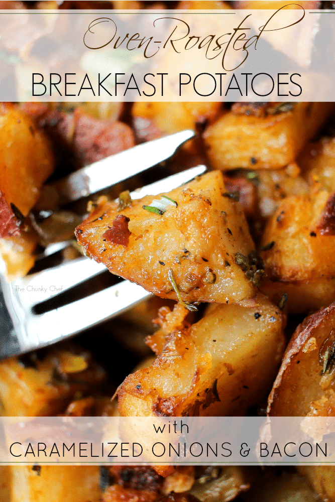 Perfectly seasoned and roasted potatoes topped with caramelized onions, bacon pieces and fresh herbs. The perfect side dish for breakfast!