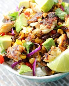Taco bowls get a healthy twist with the addition of spicy blackened tilapia filets, garnished with buttery avocados and a splash of fresh lime juice!