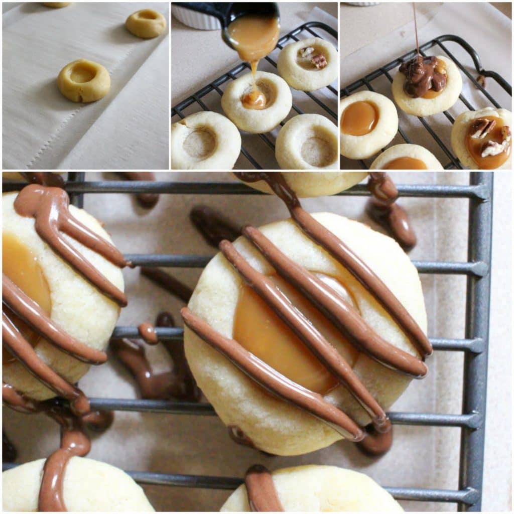 Thumbprint cookies are such a classic... this spin on them includes a gooey caramel center and drizzled melted chocolate. Tastes just like a Twix!