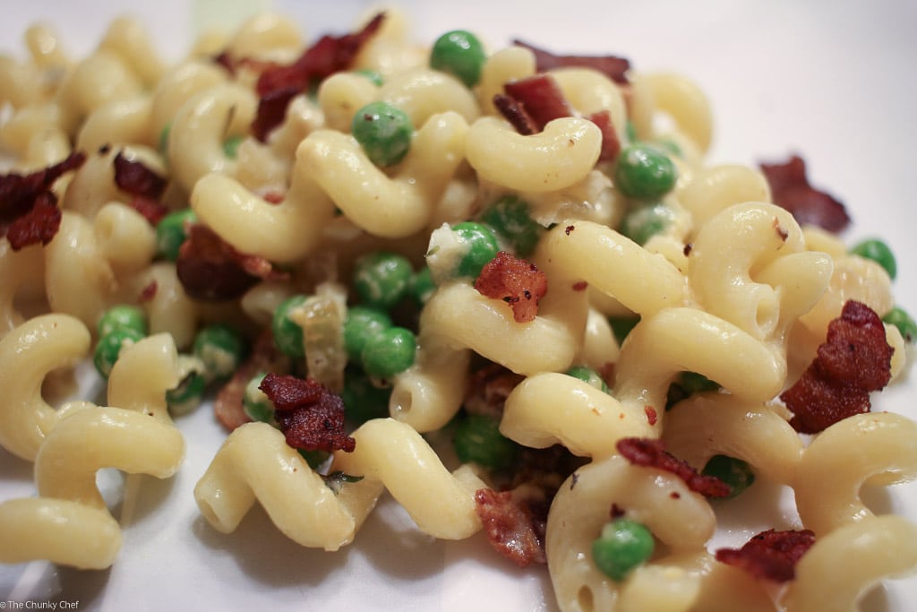 Creamy Mac and Cheese with Peas, Bacon, and Caramelized Onions10 The