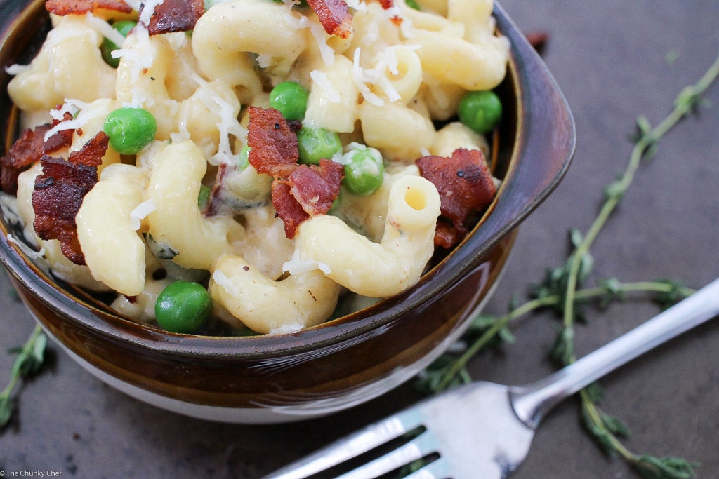 Creamy Mac and Cheese with Peas, Bacon, and Caramelized Onions32 The