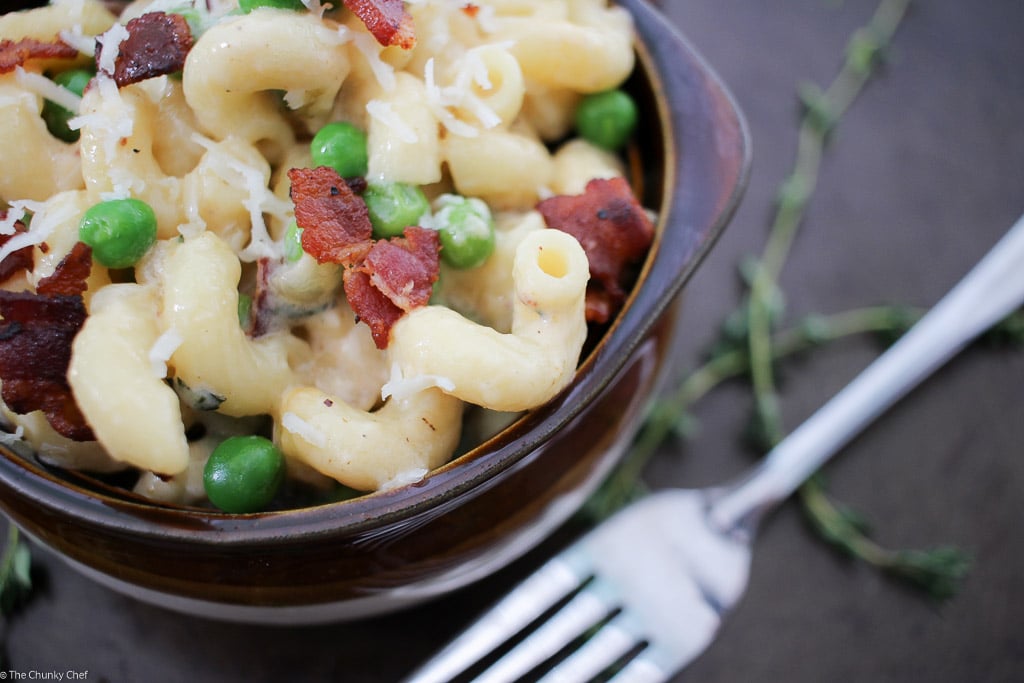 Creamy Mac and Cheese with Peas, Bacon, and Caramelized Onions33 The