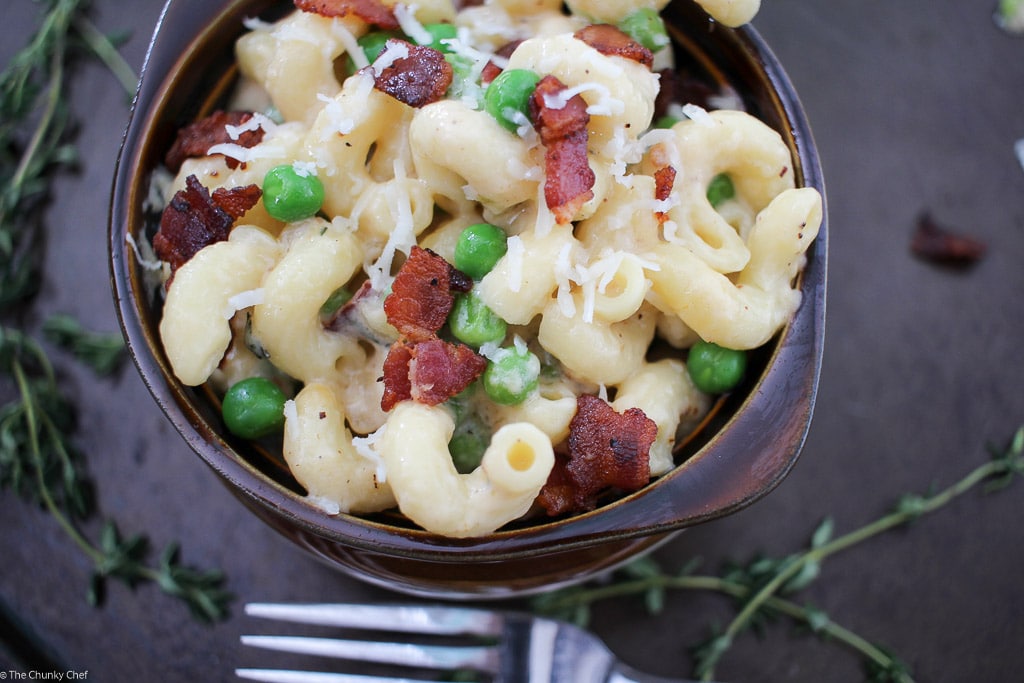 Creamy Mac and Cheese with Peas, Bacon, and Caramelized Onions34 The