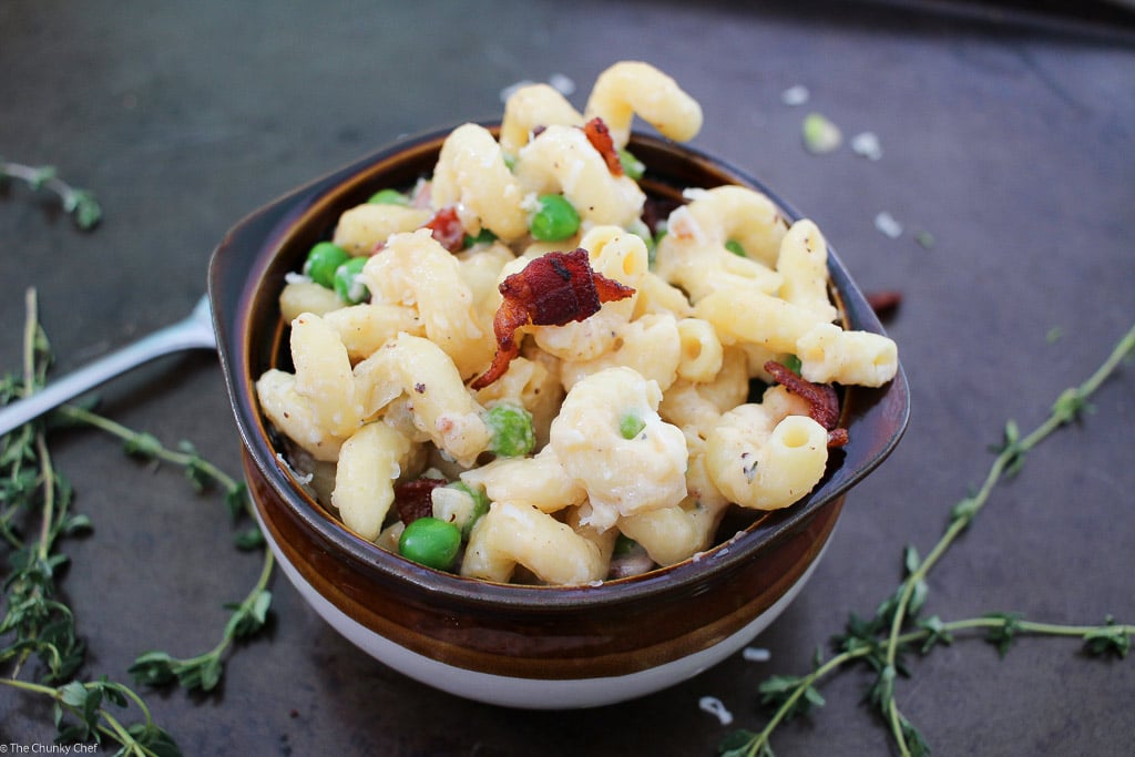 Creamy Mac and Cheese with Peas, Bacon, and Caramelized Onions42 The