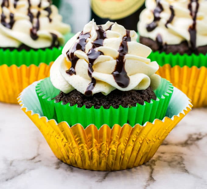 chocolate cupcakes made with guinness in gold and green wrappers