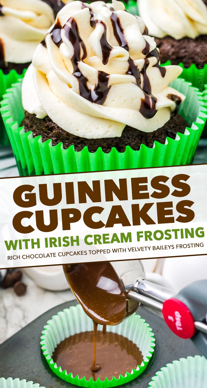 Moist and rich chocolate cupcakes baked with Guinness beer, topped with a silky Irish cream frosting, and drizzled with an Irish cream chocolate sauce! #chocolate #cupcakes #stpatricksday #stpattysday #baking #dessertrecipe #guinness #irishcream