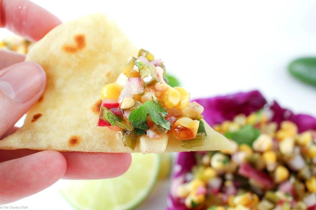 Sweet with a kick... this corn and poblano salsa has a wonderful roasted flavor!  
