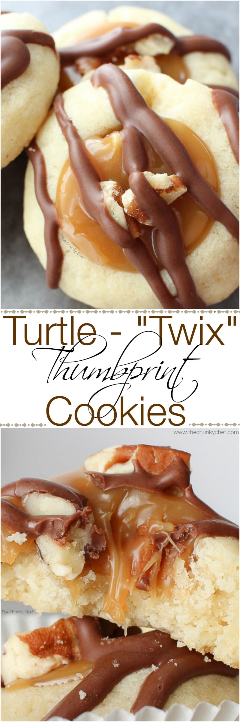 Thumbprint cookies are such a classic... this spin on them includes a gooey caramel center and drizzled melted chocolate. Tastes just like a Twix!