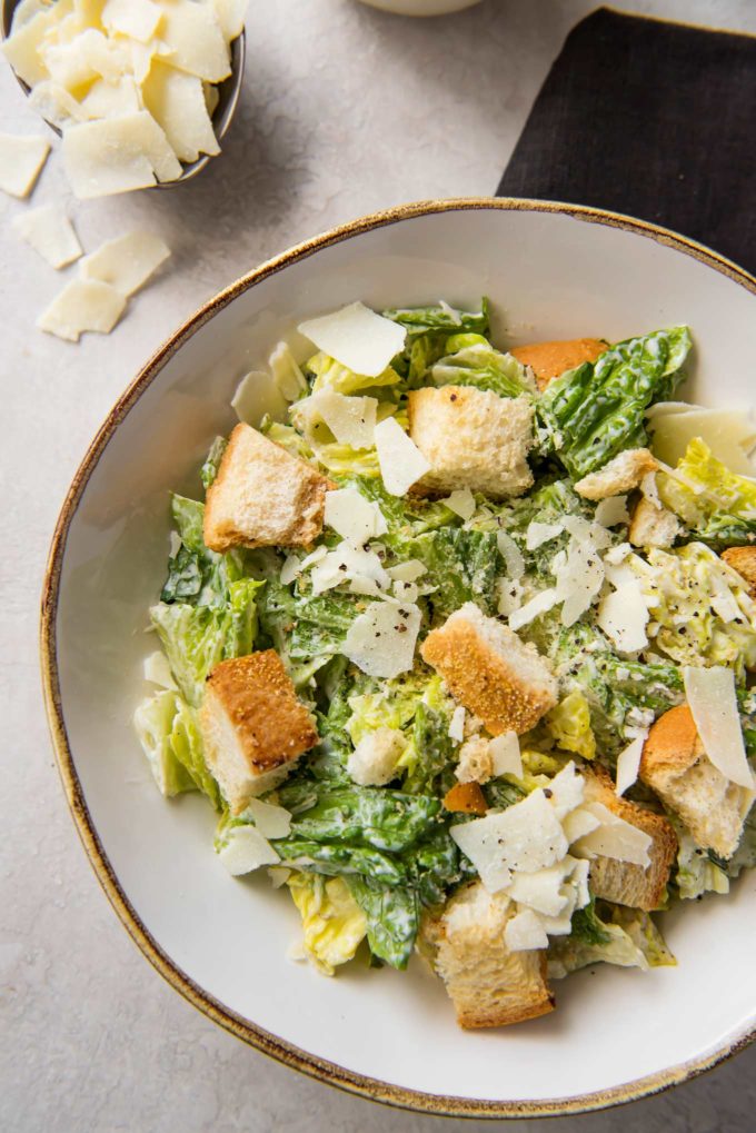 Homemade caesar salad in bowl