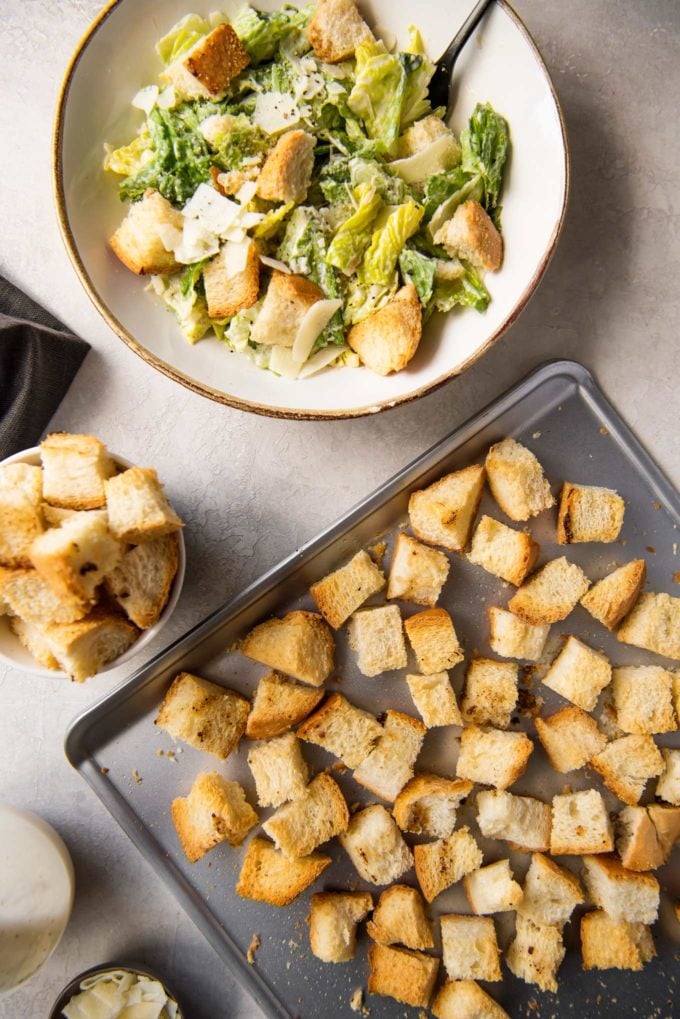 Homemade caesar salad with croutons
