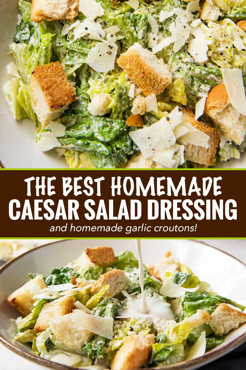 Perfect restaurant-style Caesar salad with homemade dressing and homemade garlic croutons.  Amazing as a side salad, or add some grilled chicken and make it a meal! #salad #dressing #saladdressing #caesar #homemade #croutons #fromscratch