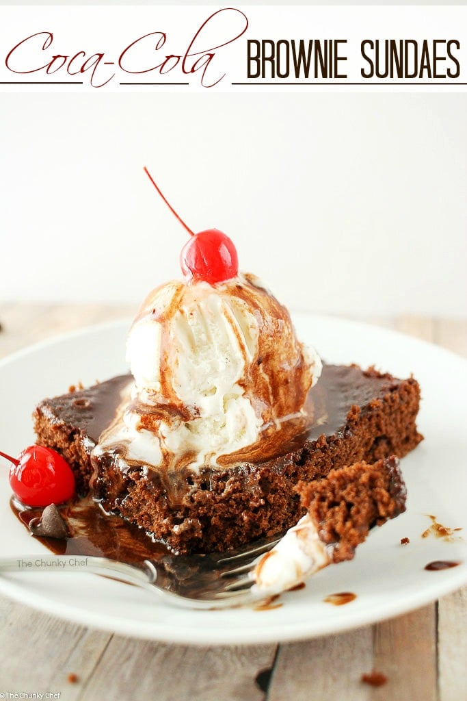 Deliciously fudgy brownies made with Coca Cola, topped with a generous scoop of vanilla bean ice cream, and drizzled with a coca cola chocolate sauce!