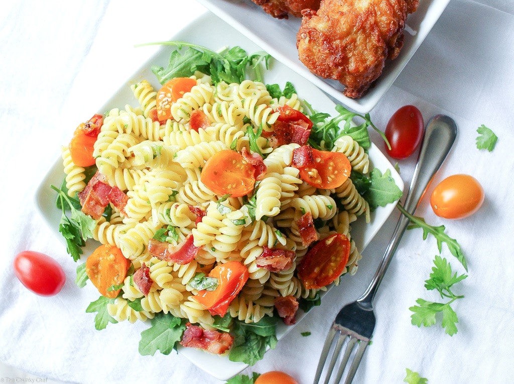 A light, fresh, and mayo-free pasta salad with all the flavor notes of your favorite gourmet BLT!! Bring this to your next party!