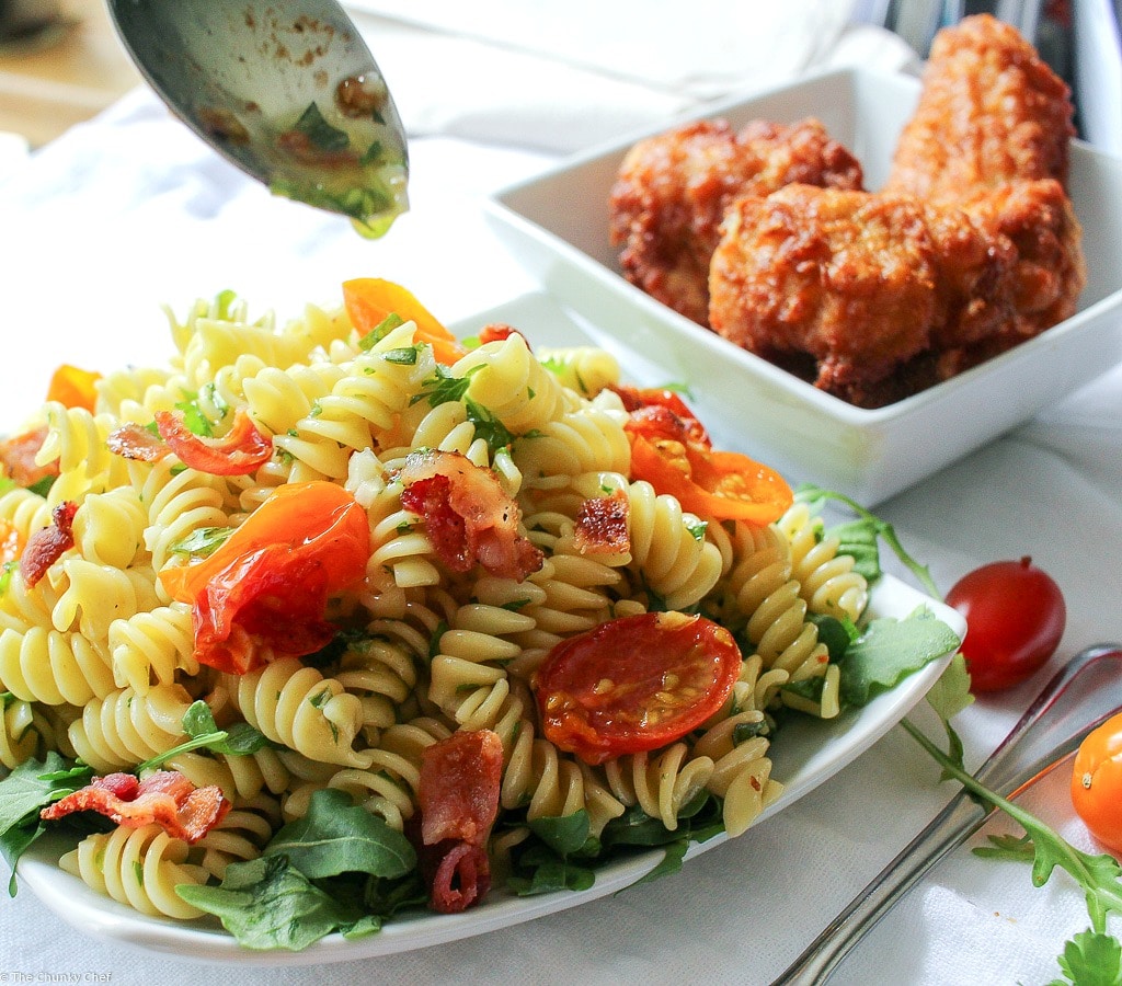 A light, fresh, and mayo-free pasta salad with all the flavor notes of your favorite gourmet BLT!! Bring this to your next party!