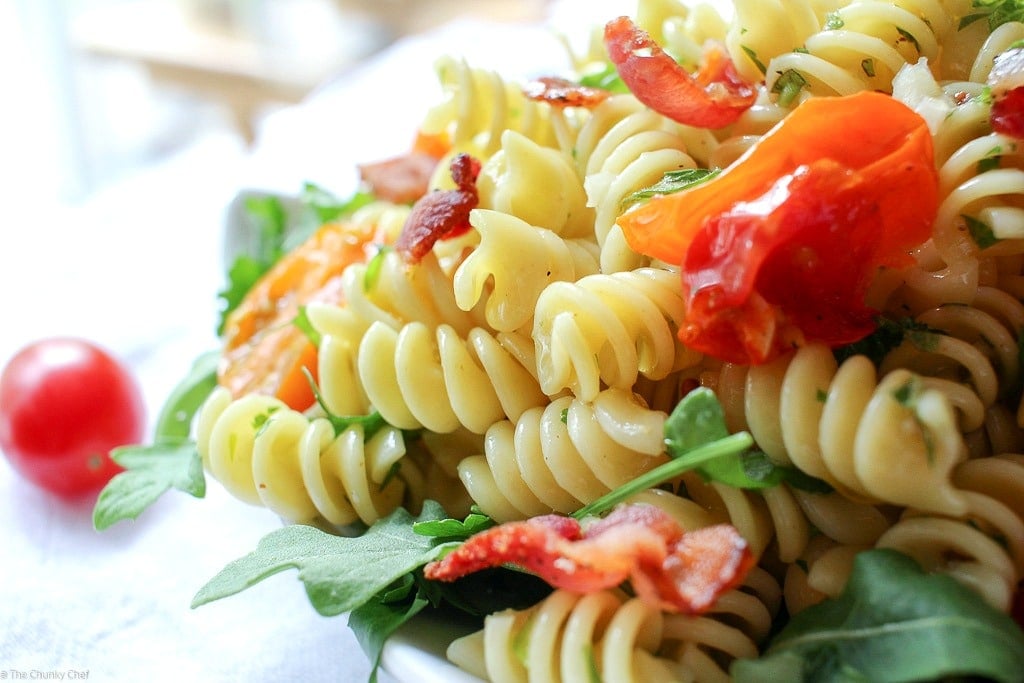 A light, fresh, and mayo-free pasta salad with all the flavor notes of your favorite gourmet BLT!! Bring this to your next party!