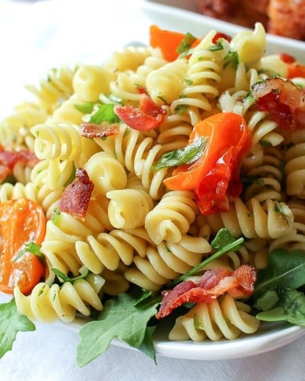 A light, fresh, and mayo-free pasta salad with all the flavor notes of your favorite gourmet BLT!! Bring this to your next party!