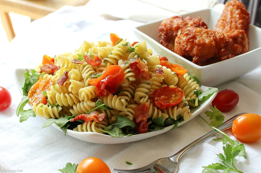 A light, fresh, and mayo-free pasta salad with all the flavor notes of your favorite gourmet BLT!! Bring this to your next party!