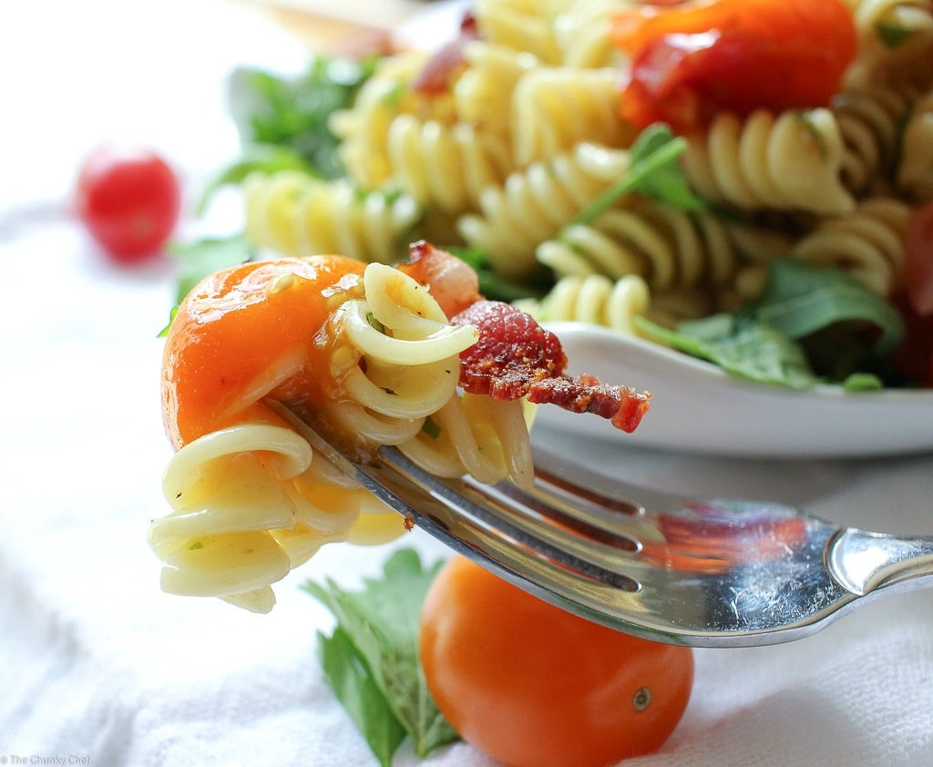 A light, fresh, and mayo-free pasta salad with all the flavor notes of your favorite gourmet BLT!! Bring this to your next party!