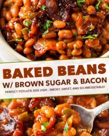 These Brown Sugar and Bacon Baked Beans are the perfect blend of sweet, savory and smoky! Topped with delicious bacon, they're always a hit, and are SO easy to make! #bakedbeans #beans #baked #bacon #brownsugar #potluck #bbq #summer #cookout #easyrecipe