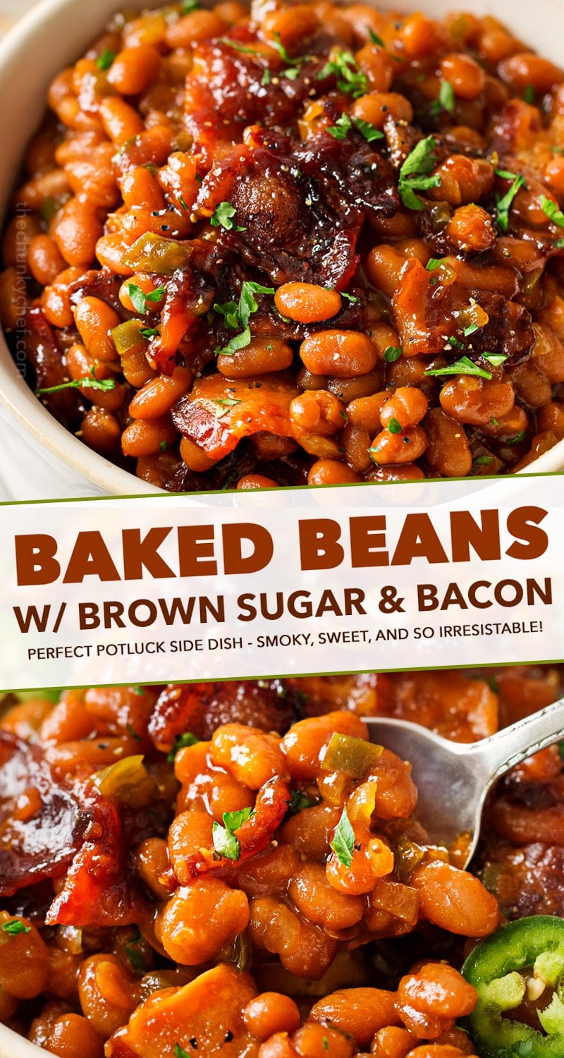 These Brown Sugar and Bacon Baked Beans are the perfect blend of sweet, savory and smoky! Topped with delicious bacon, they're always a hit, and are SO easy to make! #bakedbeans #beans #baked #bacon #brownsugar #potluck #bbq #summer #cookout #easyrecipe