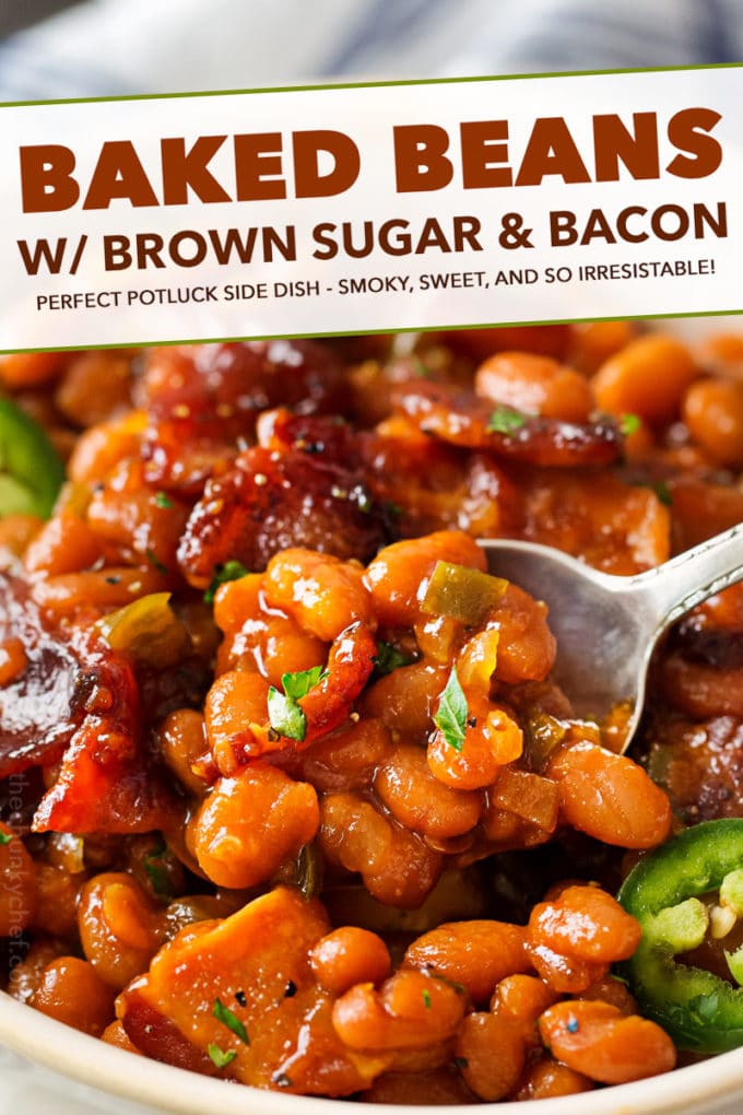 These Brown Sugar and Bacon Baked Beans are the perfect blend of sweet, savory and smoky! Topped with delicious bacon, they're always a hit, and are SO easy to make! #bakedbeans #beans #baked #bacon #brownsugar #potluck #bbq #summer #cookout #easyrecipe