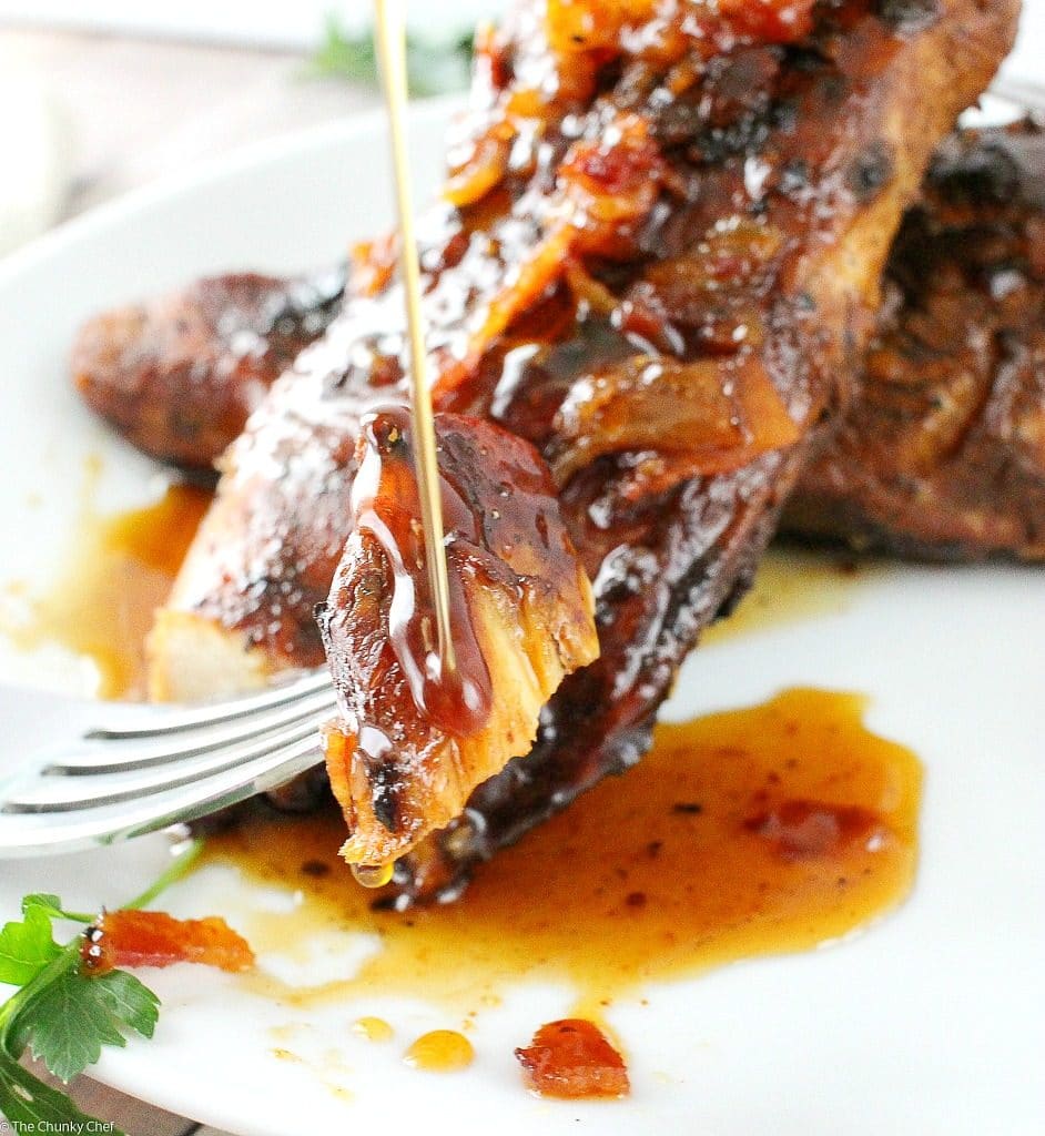 Marinated chicken, grilled to perfection and drizzled with a spicy honey bacon glaze.  This glazed chicken will be a family favorite!