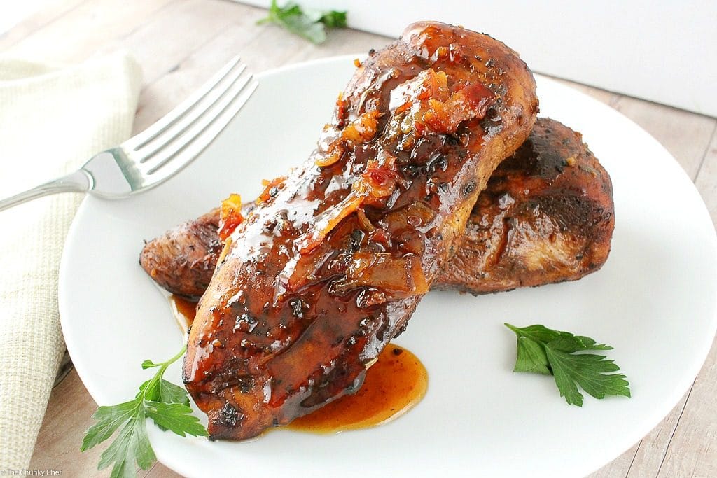Marinated chicken, grilled to perfection and drizzled with a spicy honey bacon glaze.  This glazed chicken will be a family favorite!