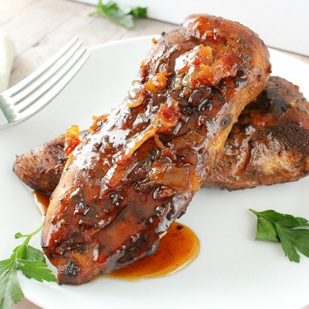 Marinated chicken, grilled to perfection and drizzled with a spicy honey bacon glaze. This glazed chicken will be a family favorite!